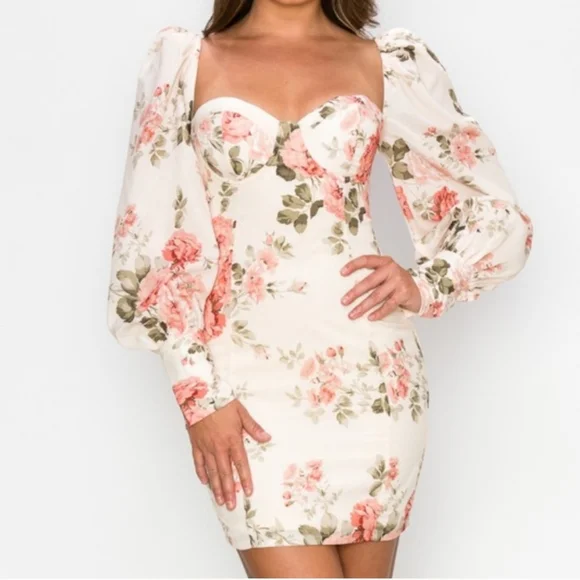 Romantic Floral Sweetheart Puff Sleeve Bodycon Mini Dress Medium Valentines NWOT - Picture 6 of 16
